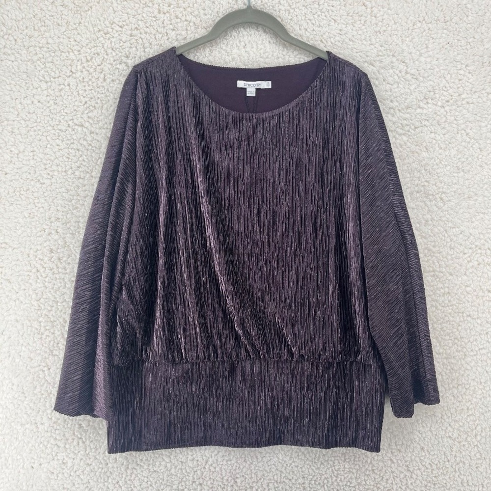 Chico's Velvet Crinkle Top Womens Size 2 L Purple Night Bloom 3/4 Sleeve NWT
